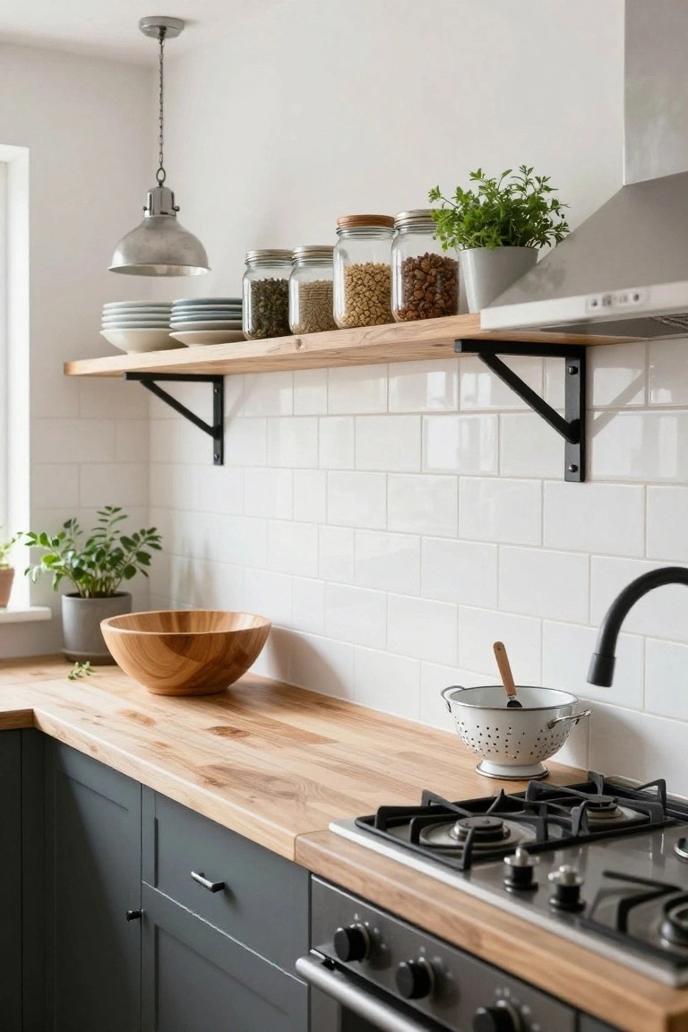 Kitchen corner with floating wooden shelves holding glass jars of grains and beans, stacked plates, and potted herbs above an oak wood countertop, navy cabinets, white subway tile backsplash, and gas stove.