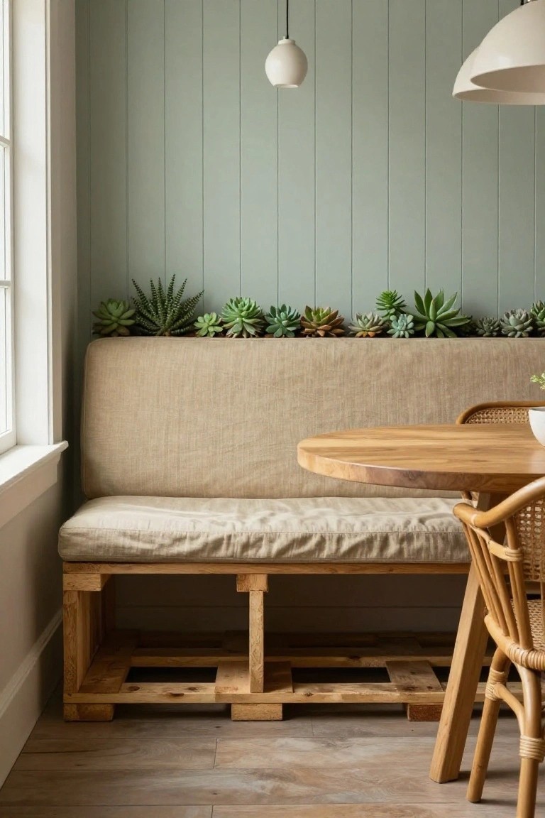 Beige cushioned bench built on stacked wooden pallets in a light green paneled room, with succulents along the top edge, next to a round wooden table, rattan chair, pendant lights, and window.