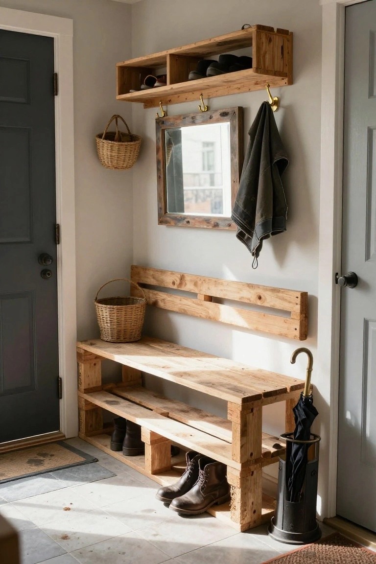 Entryway with wooden pallet bench featuring lower shoe storage shelf, upper wall-mounted shelf with hooks and baskets, framed mirror, hanging coat, boots, and umbrella stand beside gray door on tiled floor.