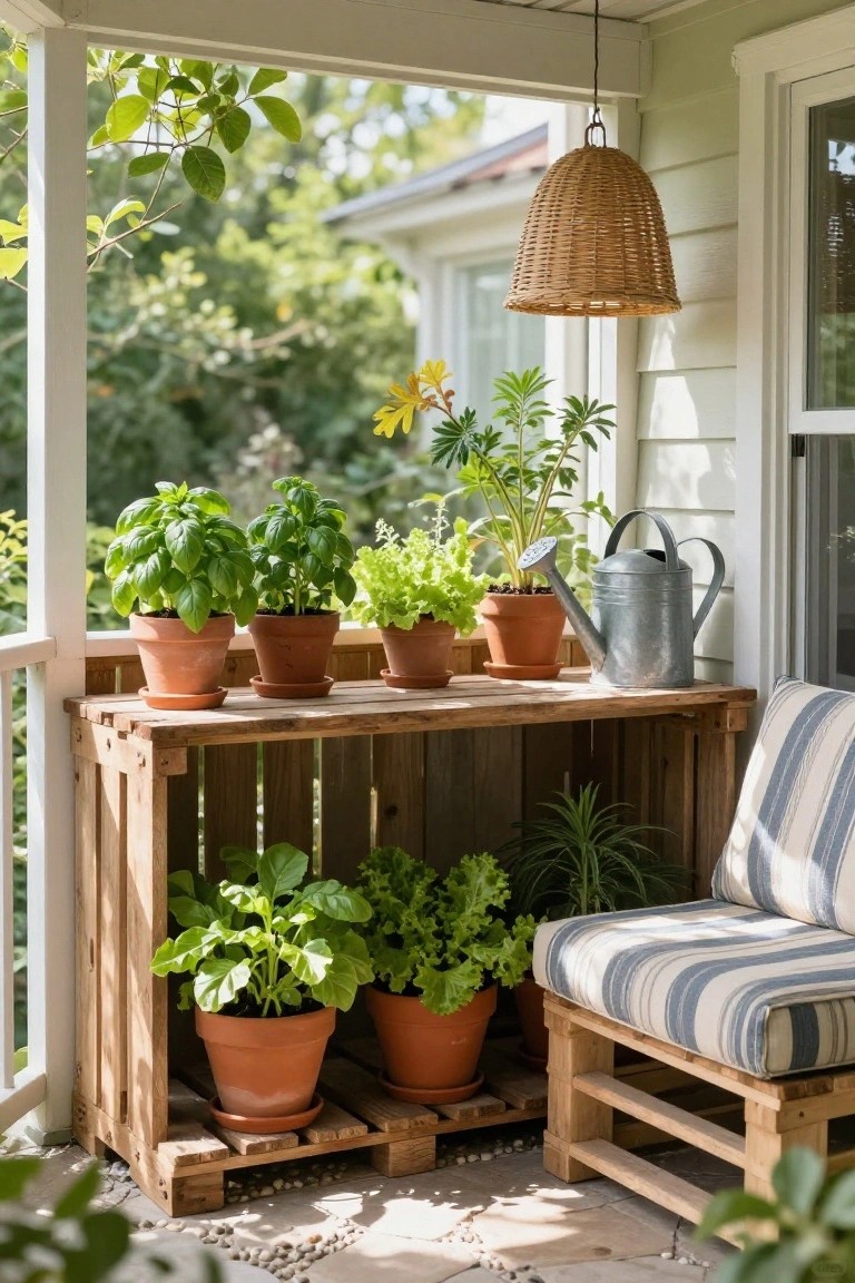 Wooden pallet repurposed as a multi-tiered shelving unit on a covered porch, holding terracotta pots of basil, leafy greens, and other plants, with a metal watering can on top and a striped chair beside it.
