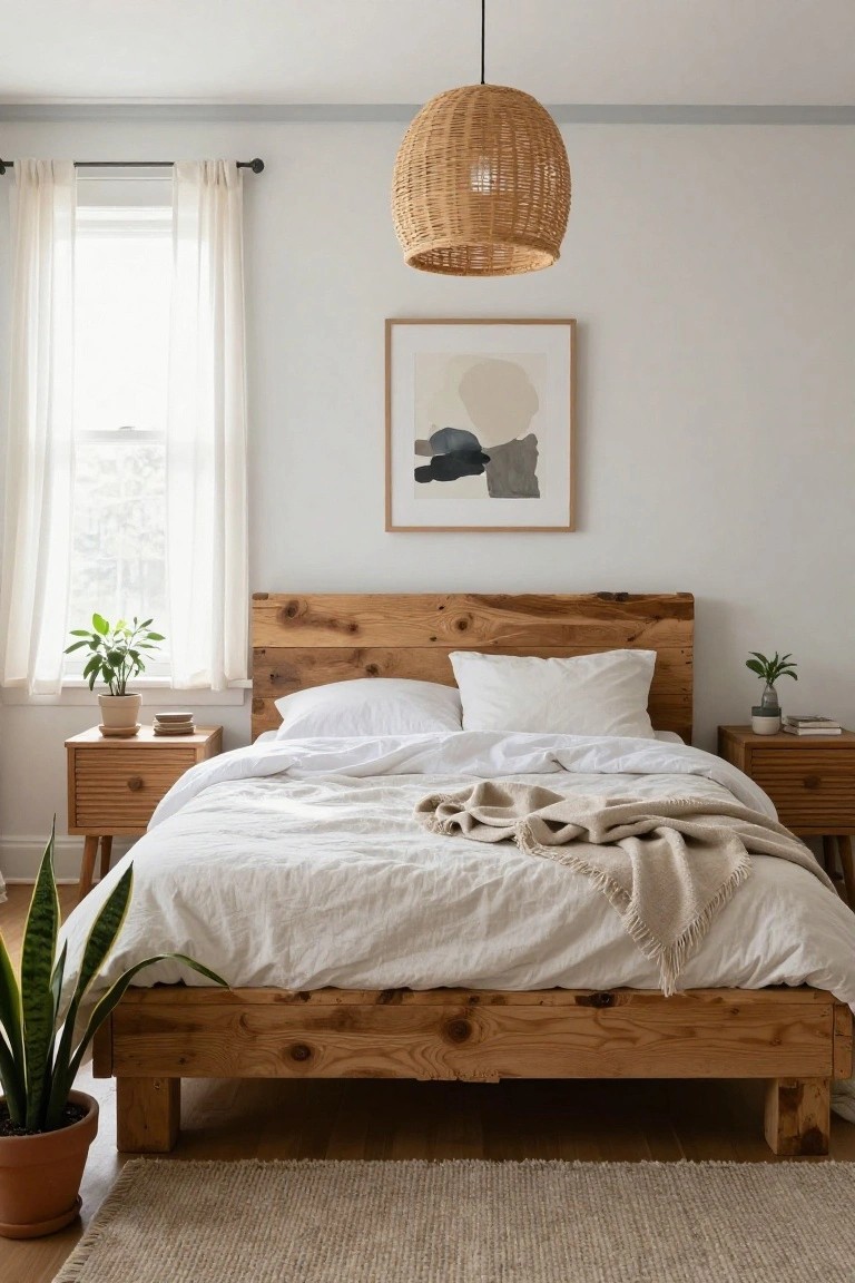 Bedroom with low rustic wooden bed frame and headboard, white linen bedding and pillows, matching wooden nightstands, potted plants, sheer curtains on two windows, abstract wall art, and woven pendant lamp overhead on light gray walls with hardwood floors.