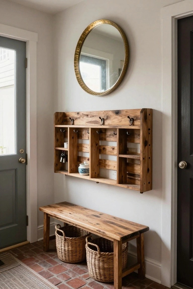 Wall-mounted reclaimed wood shelf unit with hooks, cubbies, and shelves holding keys and a ceramic jar, positioned above a wooden bench flanked by two wicker baskets in a light entryway with a gold mirror and doors.