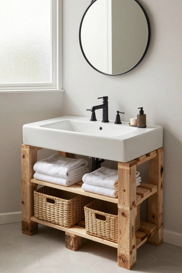 White ceramic sink on a reclaimed wood pallet vanity stand with black faucet, soap bottles, wicker baskets, and folded white towels in a light gray bathroom.