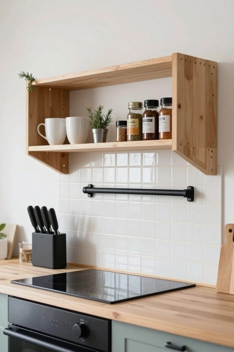 Wooden open shelf above a kitchen counter with white subway tile backsplash, holding white mugs, potted rosemary plants, and glass spice jars, black towel bar and knife block below, induction cooktop on wood countertop.