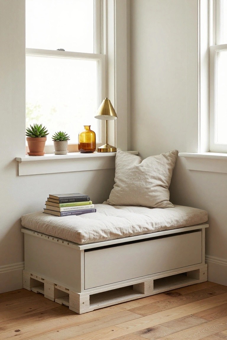 White pallet bench with beige linen cushion and storage lid in a sunny indoor window corner, with stacked books on top, a pillow beside them, plants, vase, and brass lamp on the sill.