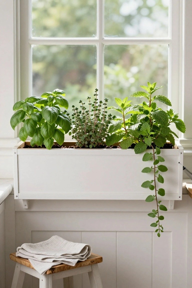 White window box planter on an indoor windowsill holding basil, thyme, mint, and trailing oregano plants, with a wooden stool and folded linen cloth on white paneled wall below.