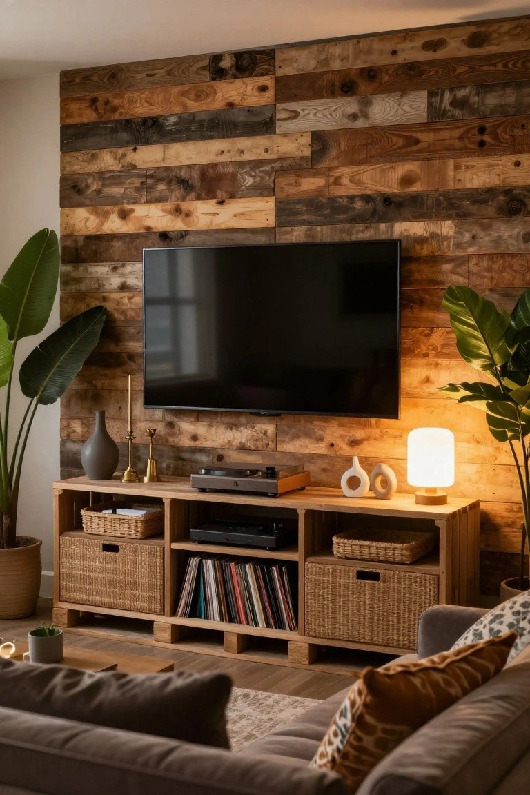 Living room with a textured wall made from reclaimed wood pallets behind a wall-mounted TV and wooden media console with woven baskets, books, plants in pots, candles, and a gray sofa.