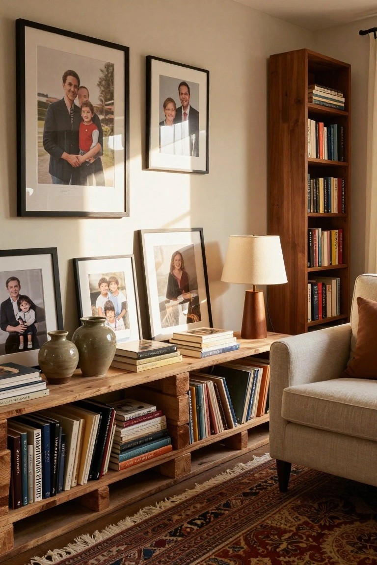 A living room corner featuring a rustic wood pallet bookshelf stacked with books and decor items, next to an armchair, lamp, vases, and framed family photos on beige walls with a patterned rug.