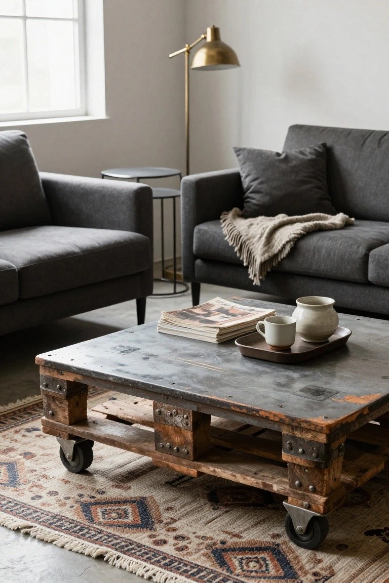 Modern living room interior with two gray armchairs, a gray sofa with throw blanket, small round metal side table, gold arched floor lamp, large wood pallet coffee table on wheels topped with magazines, white teapot, cups on wooden tray, and patterned rug on concrete floor.