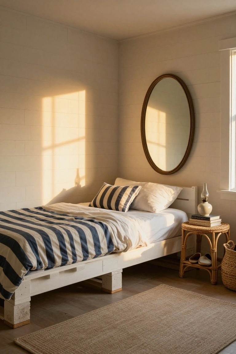 A sunlit bedroom with white shiplap walls, a low platform bed made from stacked white wood pallets with navy striped bedding, a rattan side table holding books and a lamp, slippers on the floor, and an oval mirror nearby.