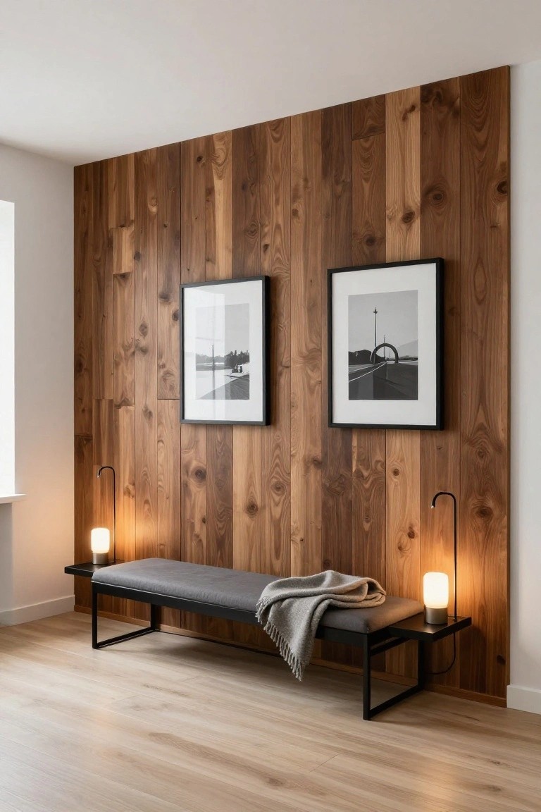 Interior room with vertical walnut wood plank accent wall, two black-framed black-and-white photos, gray upholstered bench on black metal frame with gray throw blanket, flanked by two curved black arc lamps with white shades, light oak wood floor.