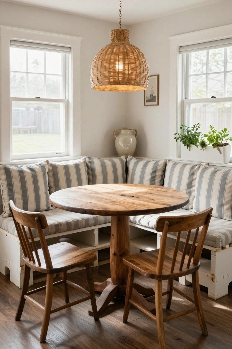 Corner kitchen banquette with white and blue striped cushions around a round wooden table and two wooden chairs, under a rattan pendant light with windows and greenery nearby.