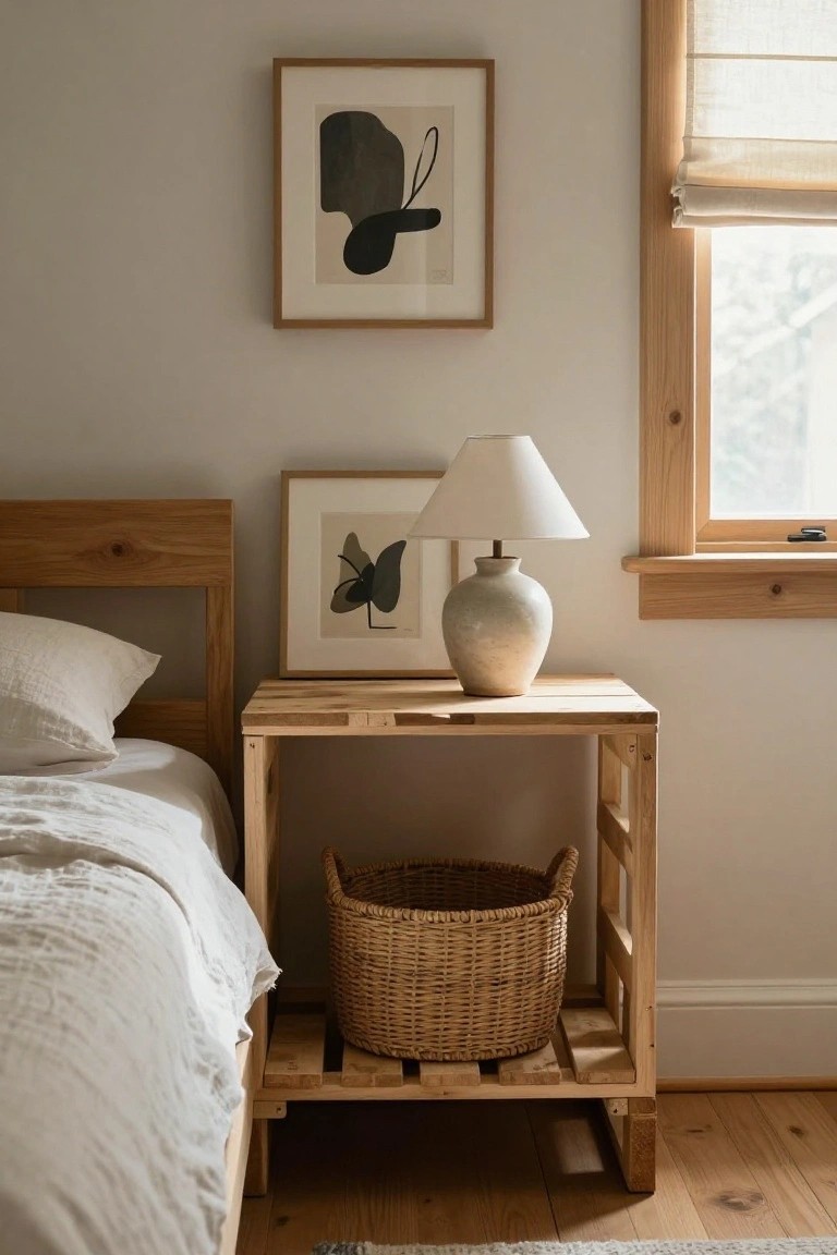 Bedroom corner showing a wooden pallet nightstand with lamp, vase, and woven basket on shelves next to a bed with white linens, abstract artworks on walls, and a window with light blinds.