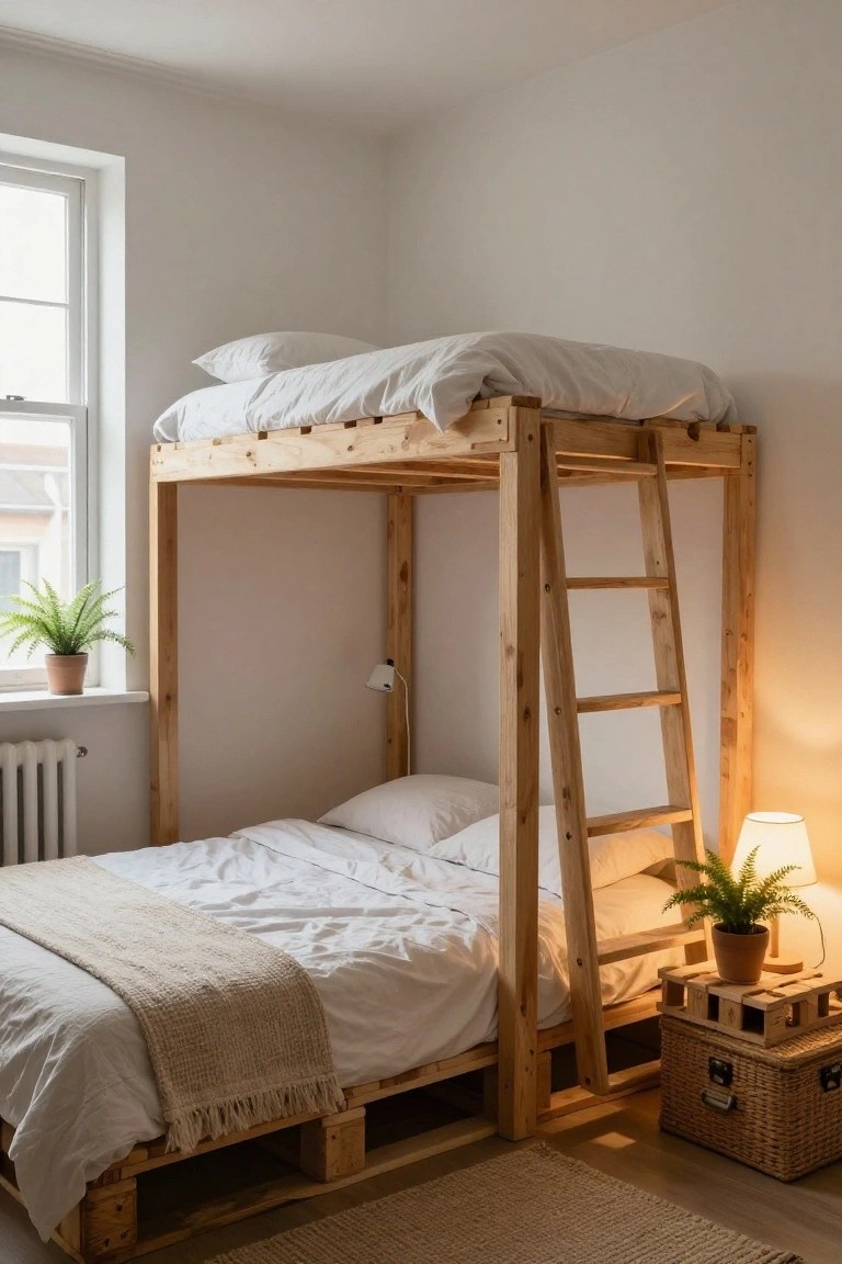 A small bedroom with a wooden bunk bed frame made from pallets and timber, featuring a lower pallet bed with white sheets and throw, upper bunk with pillows, ladder on one side, potted plants, lamp, and wicker storage boxes.