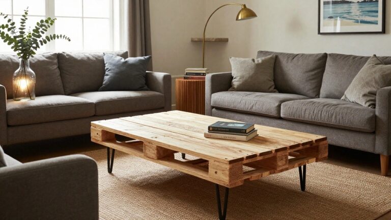 Living room with beige-gray sofas, wooden pallet coffee table topped with stacked books, potted eucalyptus plant, arc floor lamp, and stone fireplace under wooden mantel.