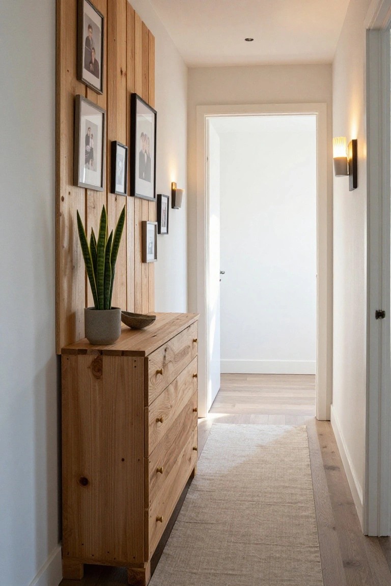 Narrow indoor hallway featuring a vertical wooden plank accent wall with framed photos, a potted snake plant, a low wooden dresser with drawers, a beige runner rug on light wood floors, and an open white door at the end.