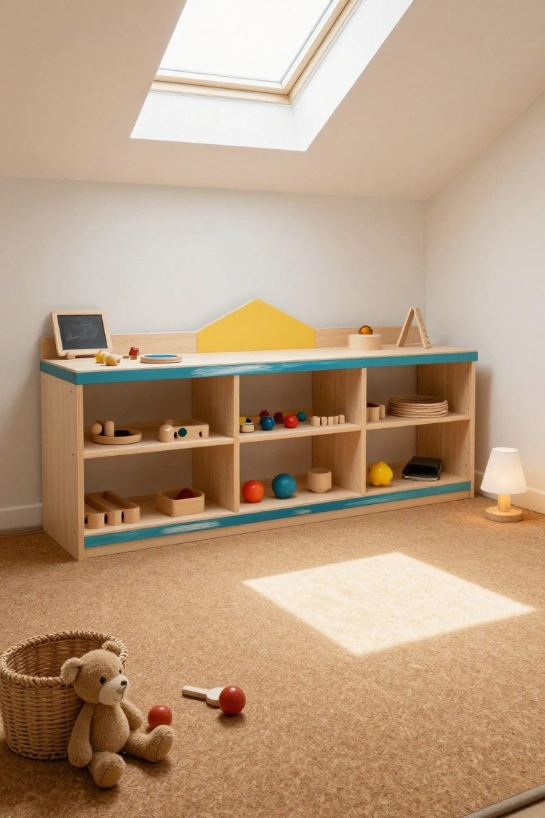 Attic playroom with low wooden shelving unit holding colorful wooden toys and balls, turquoise trim on edges, teddy bear and wicker basket on beige carpet, skylight overhead.