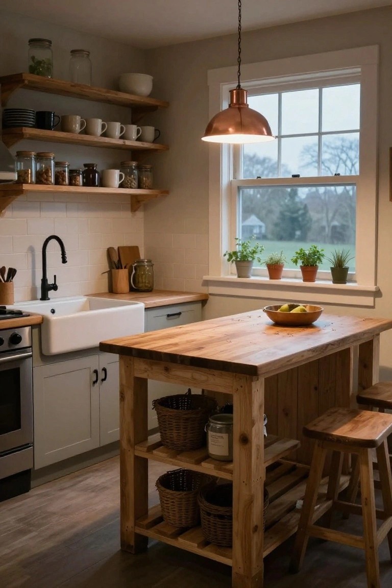 Kitchen interior with wooden open shelves stocked with jars and dishes, white farmhouse sink, wooden island with butcher block top and stools, copper pendant light, and potted herbs on windowsill.