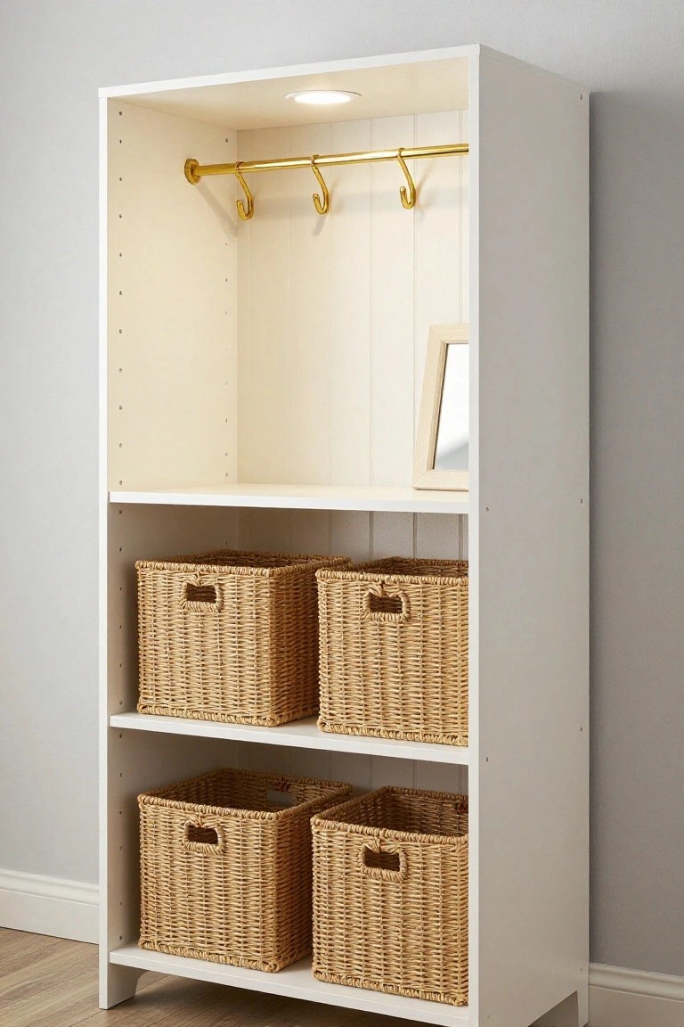 Tall white open wardrobe unit with gold hanging rod and hooks inside the top section, a small framed mirror on a middle shelf, and four wicker baskets on lower shelves, standing against a light gray wall on a wood floor.