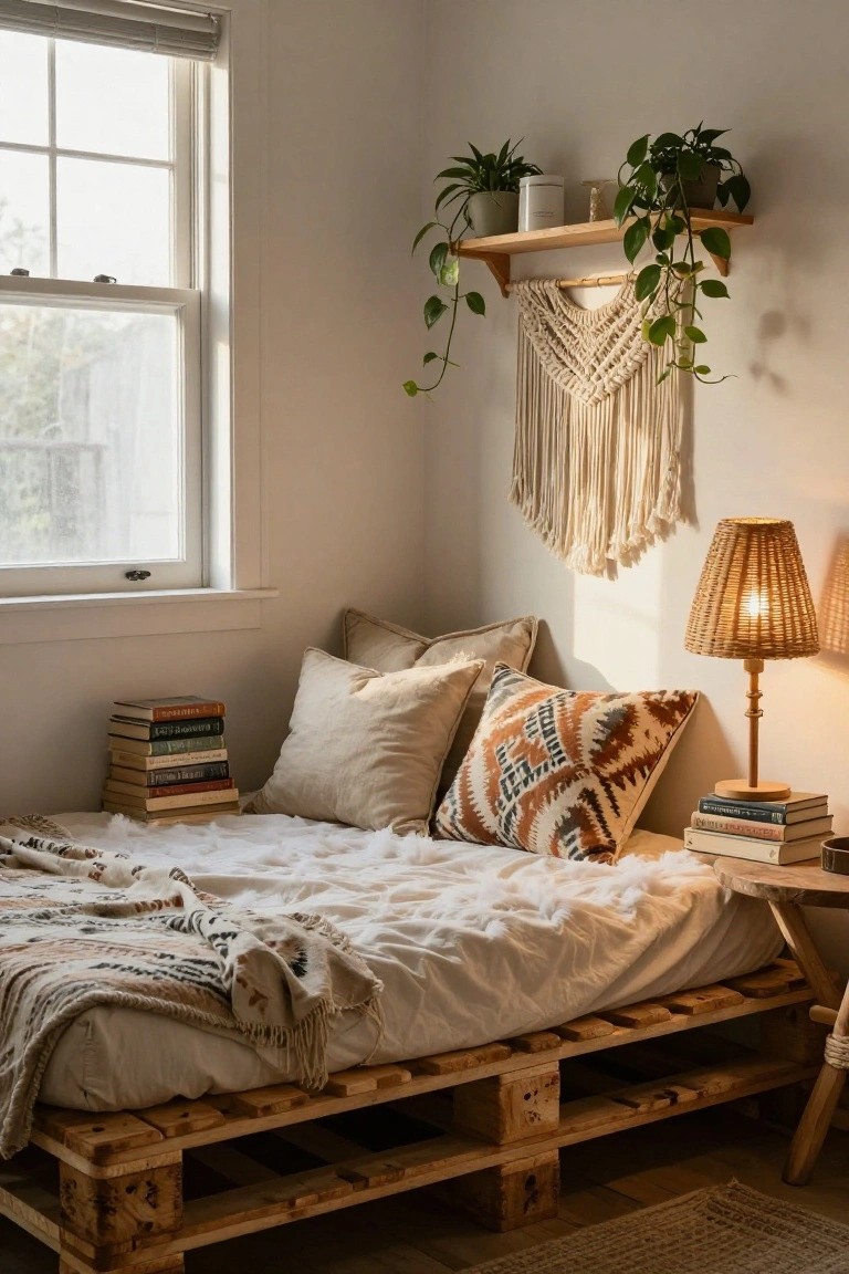 Bedroom corner featuring a low bed frame made from stacked wooden pallets with white bedding, patterned pillows, stacked books on the bed and floor, rattan lamp on a wooden side table, potted plants on shelves, macrame hanging near a window with blinds.