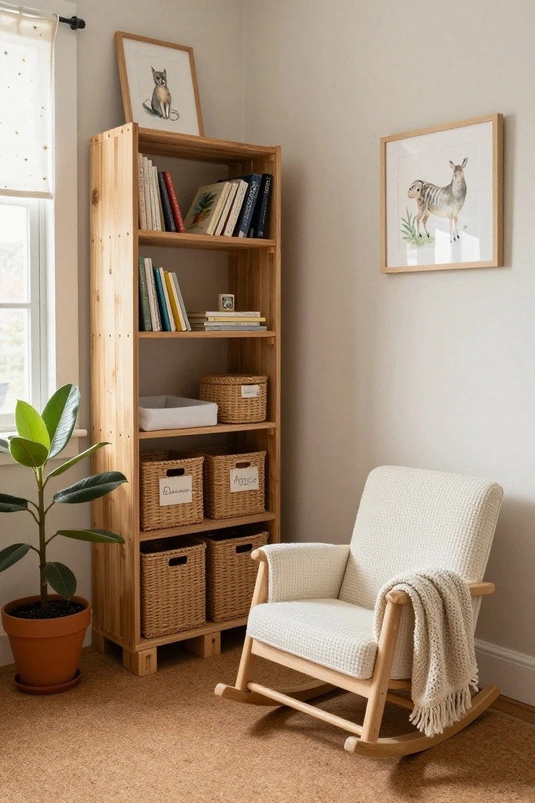 Corner of a nursery room with a tall wooden pallet bookshelf stocked with books and labeled wicker baskets, a white textured rocking chair with a throw blanket, a potted plant in a terracotta pot, and framed artwork of a cat and an okapi on beige walls.