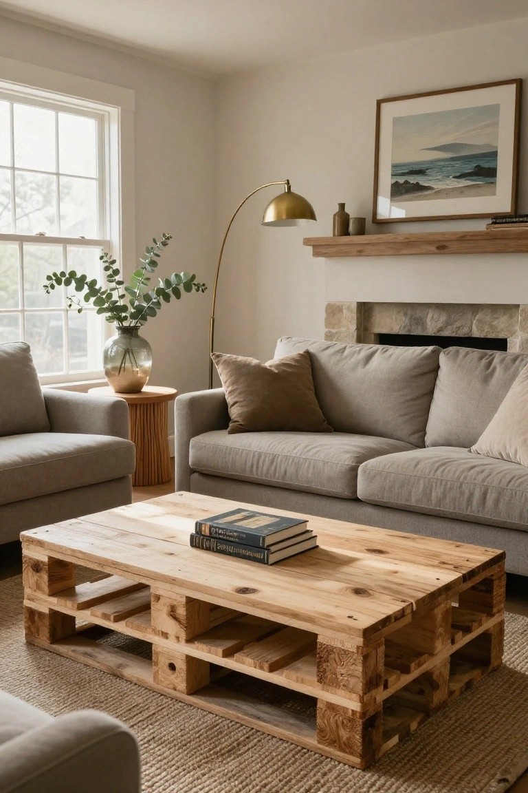 Living room with beige-gray sofas, wooden pallet coffee table topped with stacked books, potted eucalyptus plant, arc floor lamp, and stone fireplace under wooden mantel.
