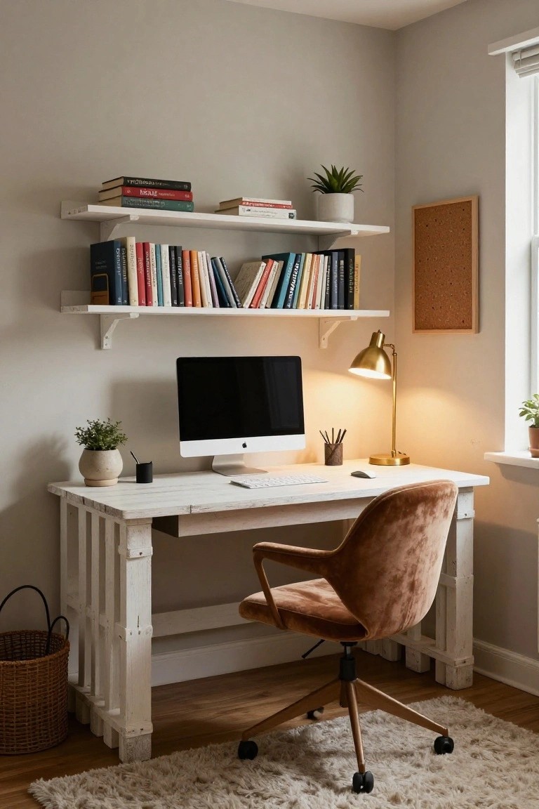 Home office corner with whitewashed wood pallet desk on slatted legs, white iMac monitor, gold desk lamp, floating white shelves holding books and plants, rust velvet chair, and potted greenery.