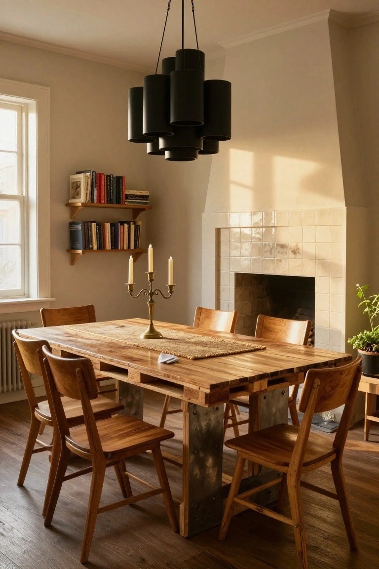 Dining room featuring a rectangular table made from wood pallets with metal legs, surrounded by wooden chairs, a brass candelabra on a seagrass runner, bookshelves on the wall, and a tiled fireplace.