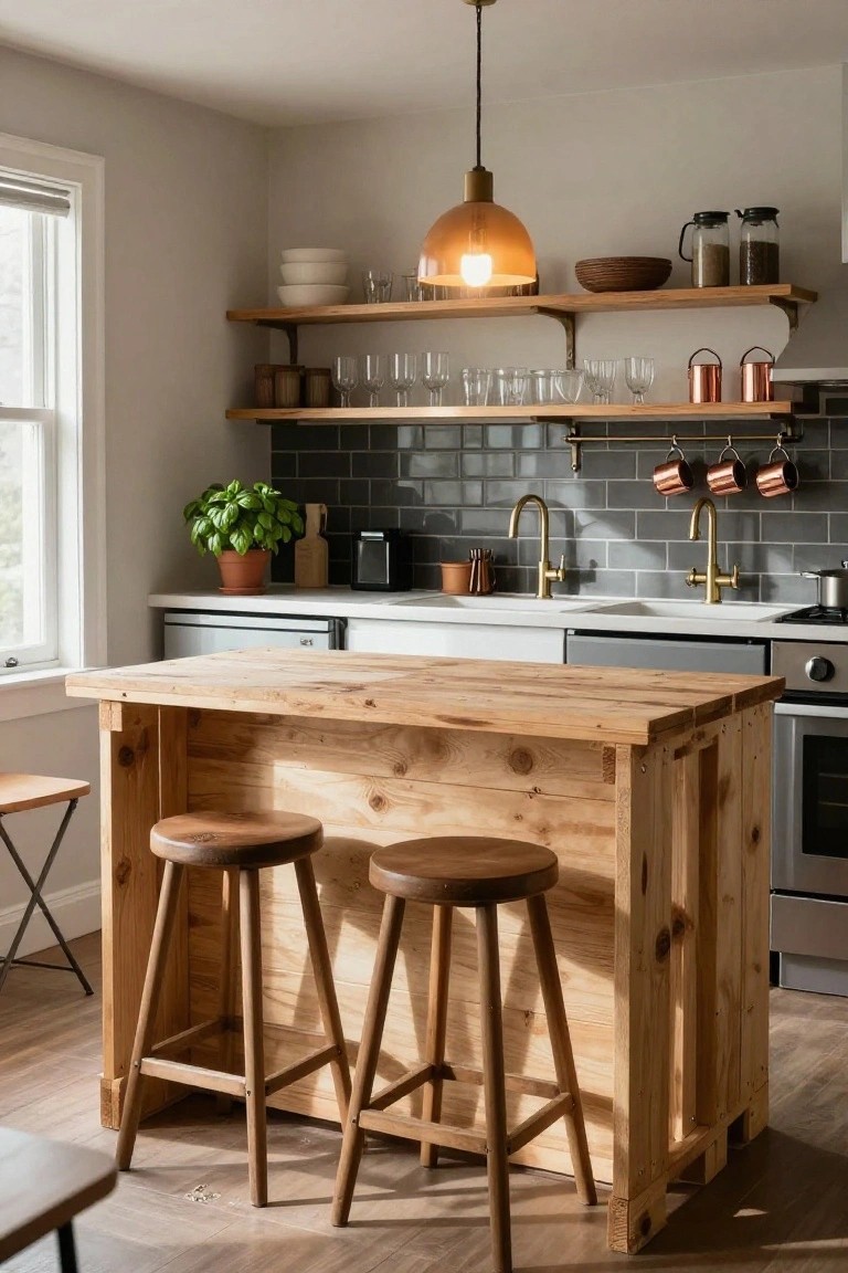 A kitchen with a wooden pallet-style island counter, two round wooden stools, open wood shelves with dishes and copper mugs, white countertops, and brass faucets.