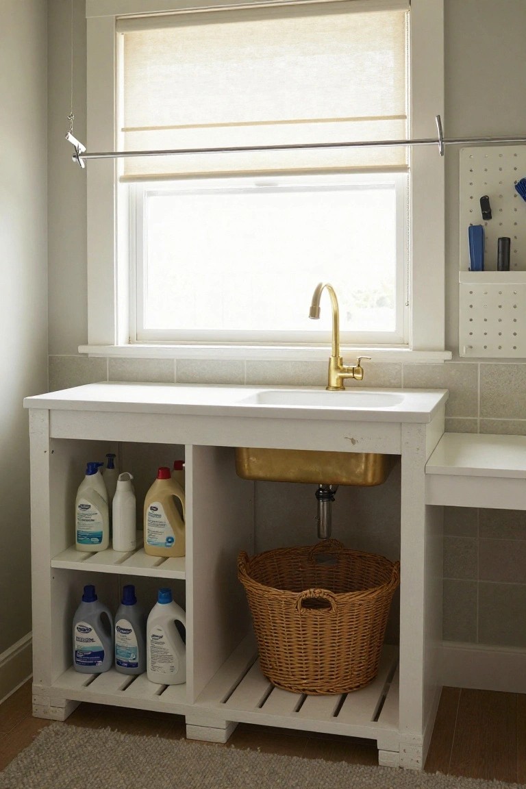 Whitewashed wood pallet cabinet under a gold utility sink in a light gray tiled laundry room, with blue and white detergent bottles on shelves and a wicker basket below.