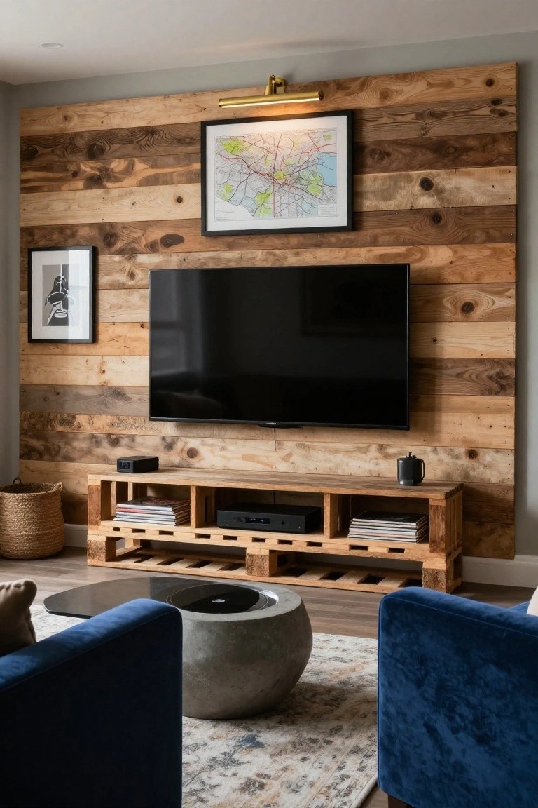 Living room featuring a vertical wood pallet accent wall behind a black TV mounted above a pallet wood media console with books and electronics, blue velvet armchairs, concrete coffee table, and woven basket nearby.