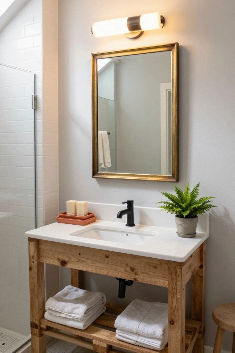 Bathroom vanity made from reclaimed wood planks with white sink, black faucet, gold-framed mirror above, potted fern plant, soap dish on counter, and folded towels on open shelves below.
