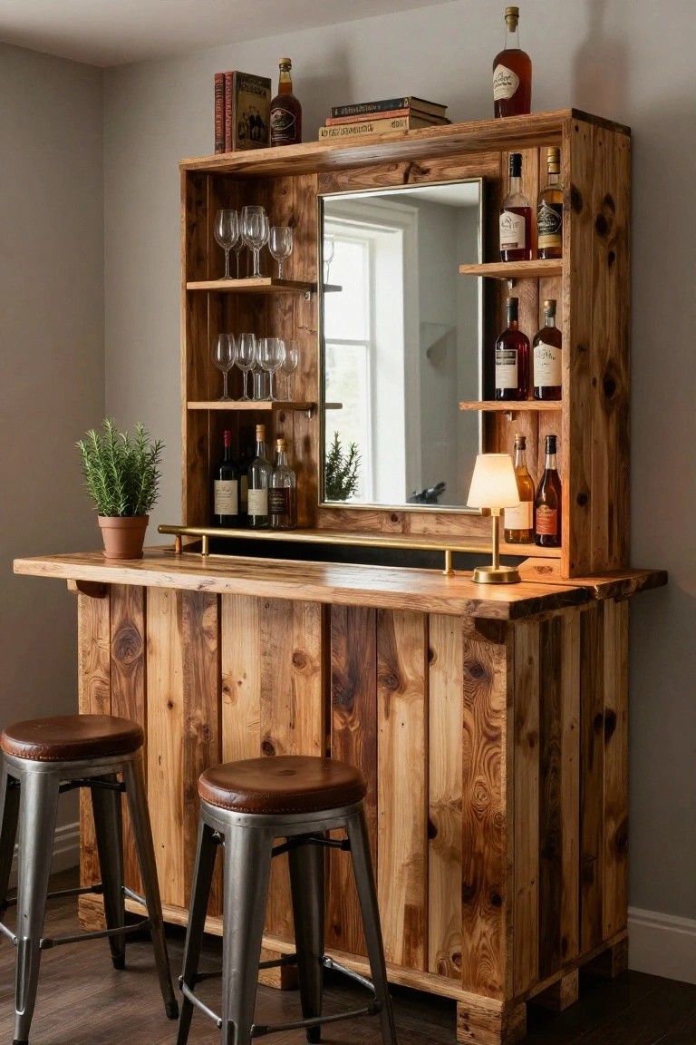 A rustic wooden bar cabinet made from pallets with shelves holding bottles, glasses, and decanters, a central mirror, brass towel rail, potted rosemary plant, table lamp, and two leather-seated metal stools in a light gray room.
