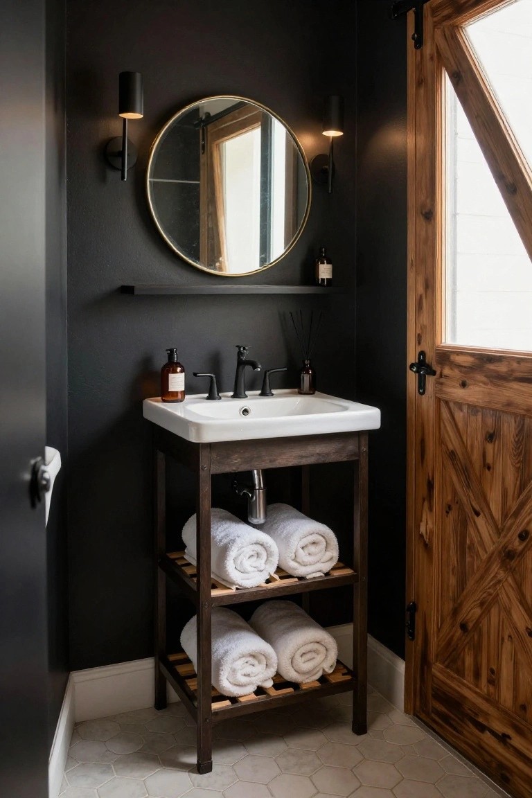 Small bathroom featuring dark walls, white pedestal sink on rustic wooden stand with rolled white towels on shelves, round mirror above, wall sconces, and wooden barn-style door.