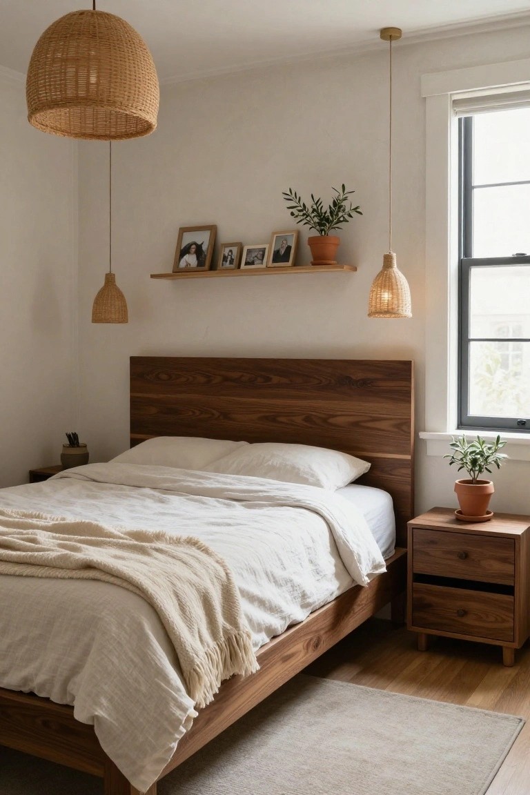 Bedroom with low wooden platform bed featuring tall headboard, white linen sheets and pillows, knit throw blanket, matching wood nightstand with plant, rattan pendant lights, floating wood shelves with photos and plants, and window with potted olive tree.