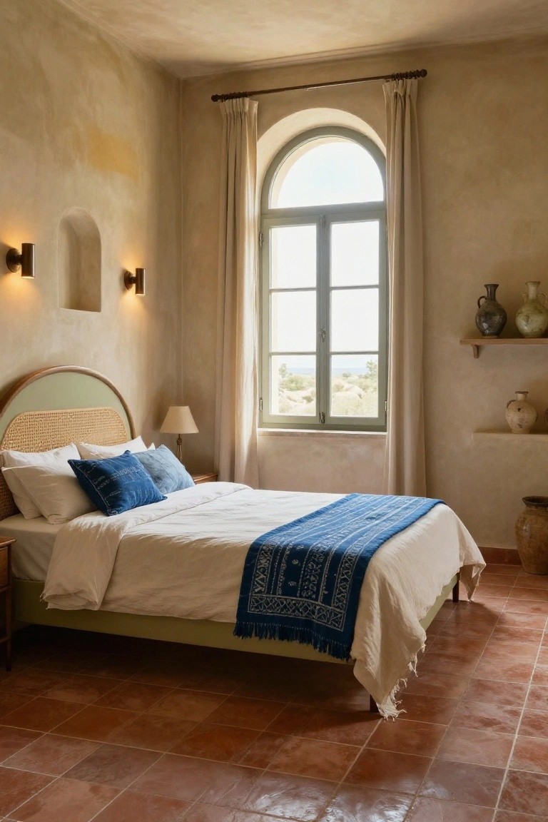 Bedroom interior with a low bed on wooden frame and curved cane headboard, white sheets topped by blue pillows and throw, beside a small lamp on a side table, arched window with beige curtains overlooking landscape, terracotta tile floor, beige walls with wall sconces and pottery shelves.