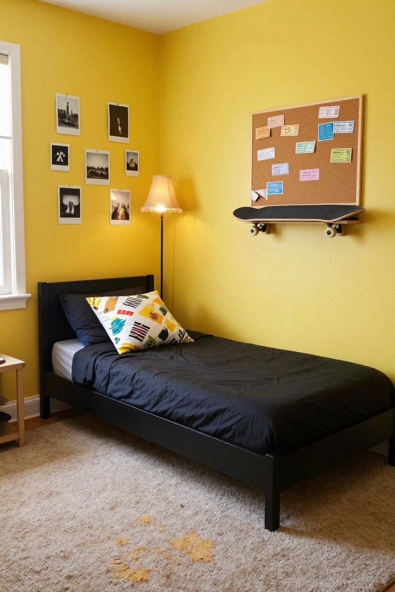 Small bedroom with bright yellow walls, black bed frame with dark sheets and colorful pillow, bedside table, lamp, corkboard covered in tickets, and skateboard shelf on wall.