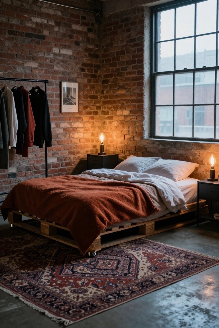 Bedroom with exposed brick walls, low bed on wooden pallet frame with orange blanket and white sheets, clothing rack with hanging garments, black nightstands with Edison bulb lamps, and red and blue Persian rug on concrete floor.