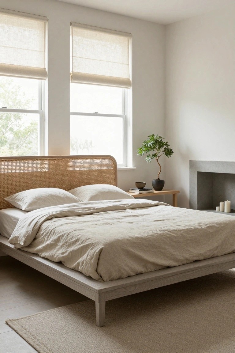 Bedroom with low wooden platform bed featuring cane headboard, beige linen bedding, wooden nightstand with plant and books, concrete fireplace, sheer window shades, and beige area rug on light floor.