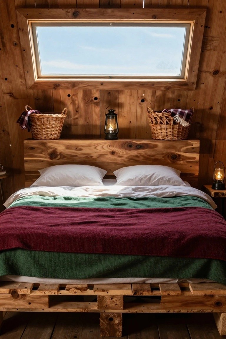 Wooden cabin bedroom with a low bed on pallet base, white sheets, green and maroon blankets, lanterns on nightstand and shelf, wicker baskets with plaid cloths, and skylight above.