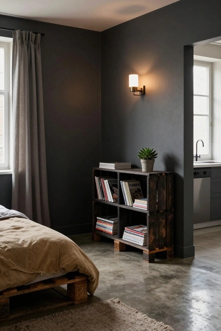 Bedroom corner with a low bed frame made from stacked wooden pallets, a nearby open bookshelf from wooden crates holding books and magazines, a potted succulent plant, dark gray walls, concrete floor, gray curtains on a window, and a glimpse of kitchen beyond.