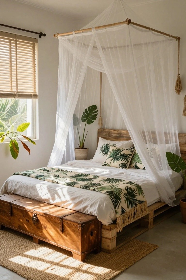Bedroom with a low wooden pallet bed frame topped by white sheet bedding and green palm leaf pillows, a white mosquito net canopy on bamboo poles, potted monstera plants nearby, and a wooden chest at the foot on a seagrass rug.