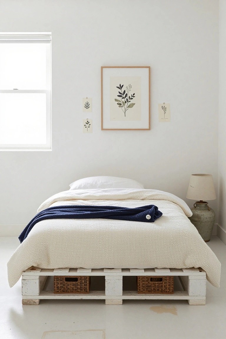 A minimalist bedroom with white walls, a white-painted pallet bed frame elevated on wooden blocks with two wicker baskets stored underneath, white textured bedding, a navy knit throw, a ceramic table lamp beside the bed, botanical prints on the wall, and a window with roller blind.
