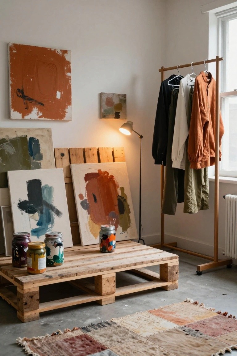 Wooden pallet platform raised on blocks in an artist's studio, with colorful paint jars on top, surrounded by easels with abstract paintings, a clothes rack holding garments, a floor lamp, and a patchwork rug on the concrete floor.