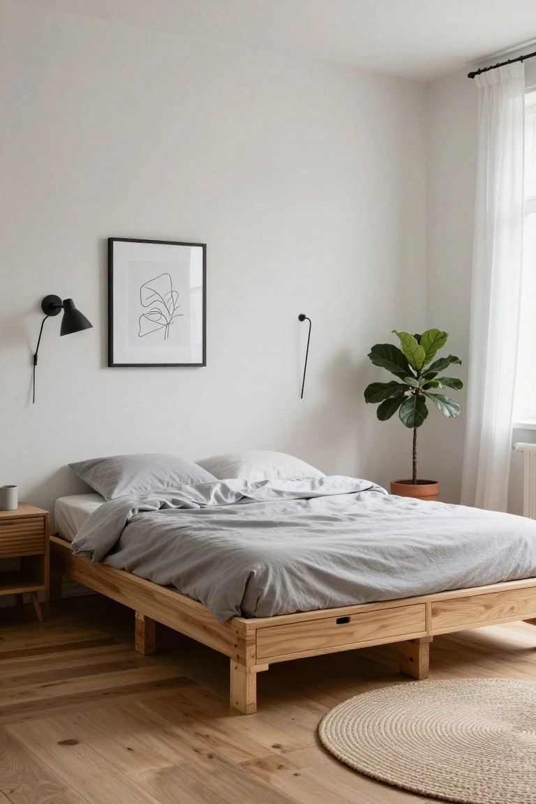 Bedroom interior with a low wooden platform bed frame on legs featuring two underbed drawers, gray linen bedding, wooden nightstand with mug, black and white wall art, fiddle leaf fig in terracotta pot, sheer curtains on window, and light wood floors with round rug.