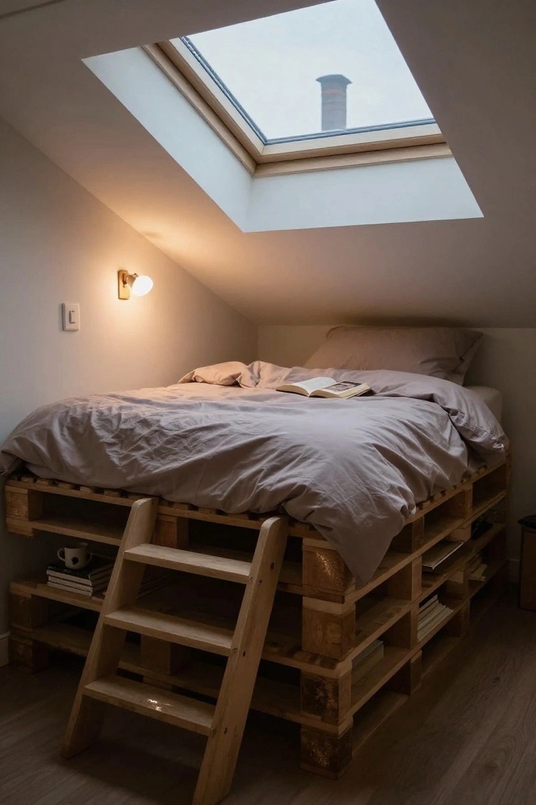Elevated wooden pallet bed frame in an attic bedroom with built-in shelves, a ladder for access, open book on unmade bed, wall lamp, and skylight overhead.