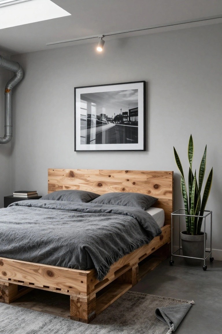 Modern bedroom interior with a wooden pallet bed frame, gray linen bedding, snake plant in metal stand, black and white cityscape photo on wall, and skylight overhead.