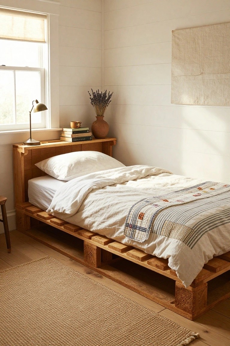 A bedroom with a low wooden pallet bed frame, integrated headboard shelf holding books and a lamp, white bedding, lavender flowers, and a window with natural light.
