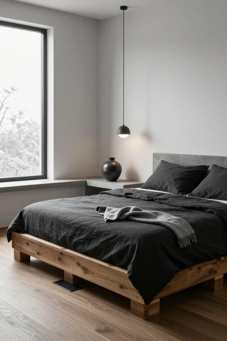 Modern bedroom with low wooden platform bed frame, black linen bedding, gray throw, pendant light, black vase on concrete shelf, large window with snowy trees outside, light oak floors.