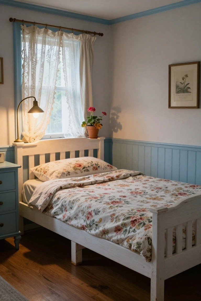Cozy bedroom corner featuring a low white wooden slatted bed frame with floral bedding, a bedside lamp on a shelf, potted plant near lace-curtained window, and blue painted walls.